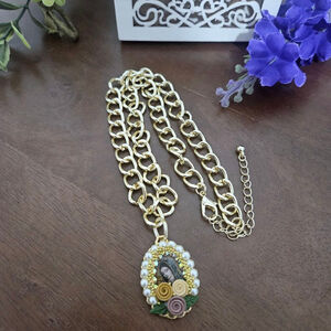 Virgin Mary Swarovsky Pearl Floral Pendant Necklace Gold Plated